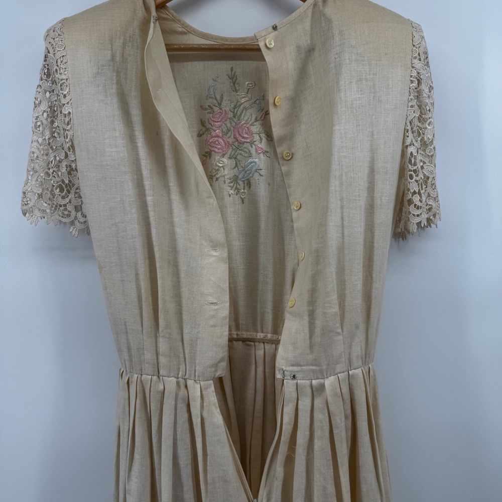 Vintage Handmade Embroidered Lace Linen Dress Cream Cottagecore Project Piece - Picture 13 of 16